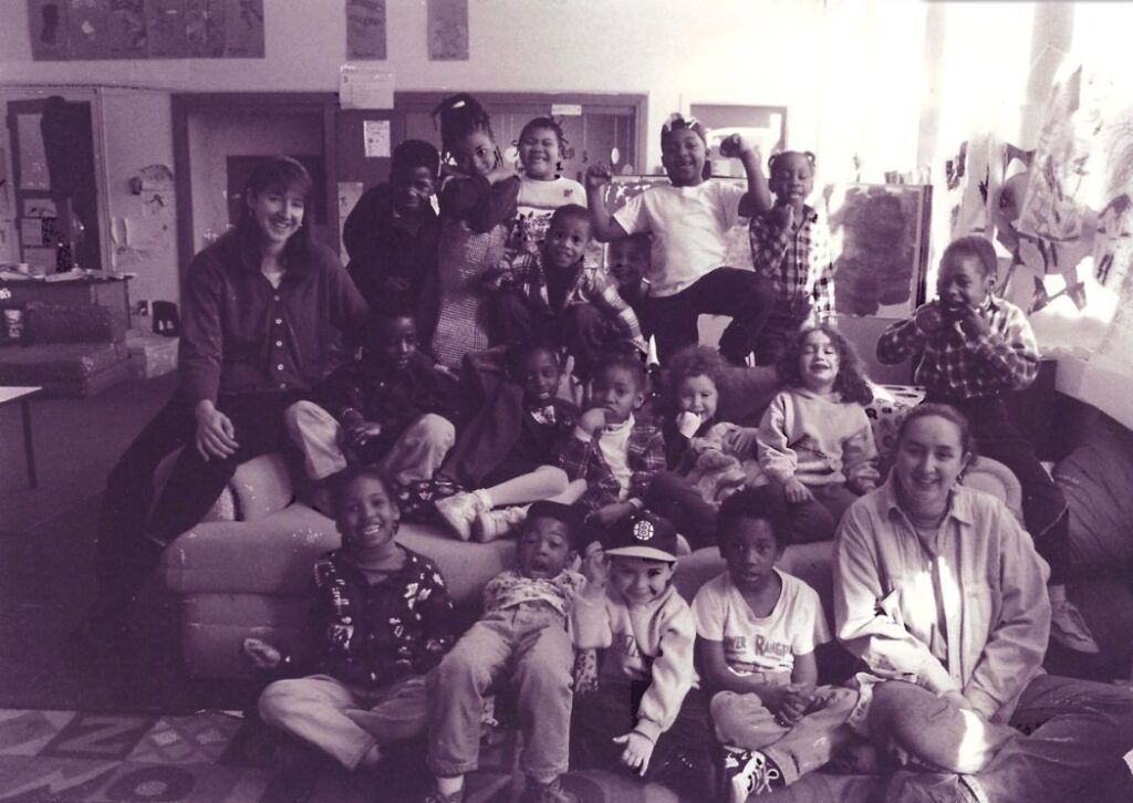 Black-and-white photo of the inaugural kindergarten class at Neighborhood House Charter School in Boston, founded by Kevin Andrews