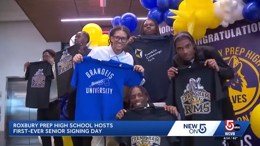 Graduating seniors celebrate college plans during first signing day at Boston’s Roxbury Prep